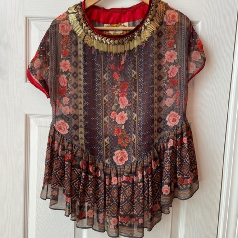 Anthropologie Burgundy Floral Mixed-Print Short-Sleeve Blouse - Picture 3 of 7